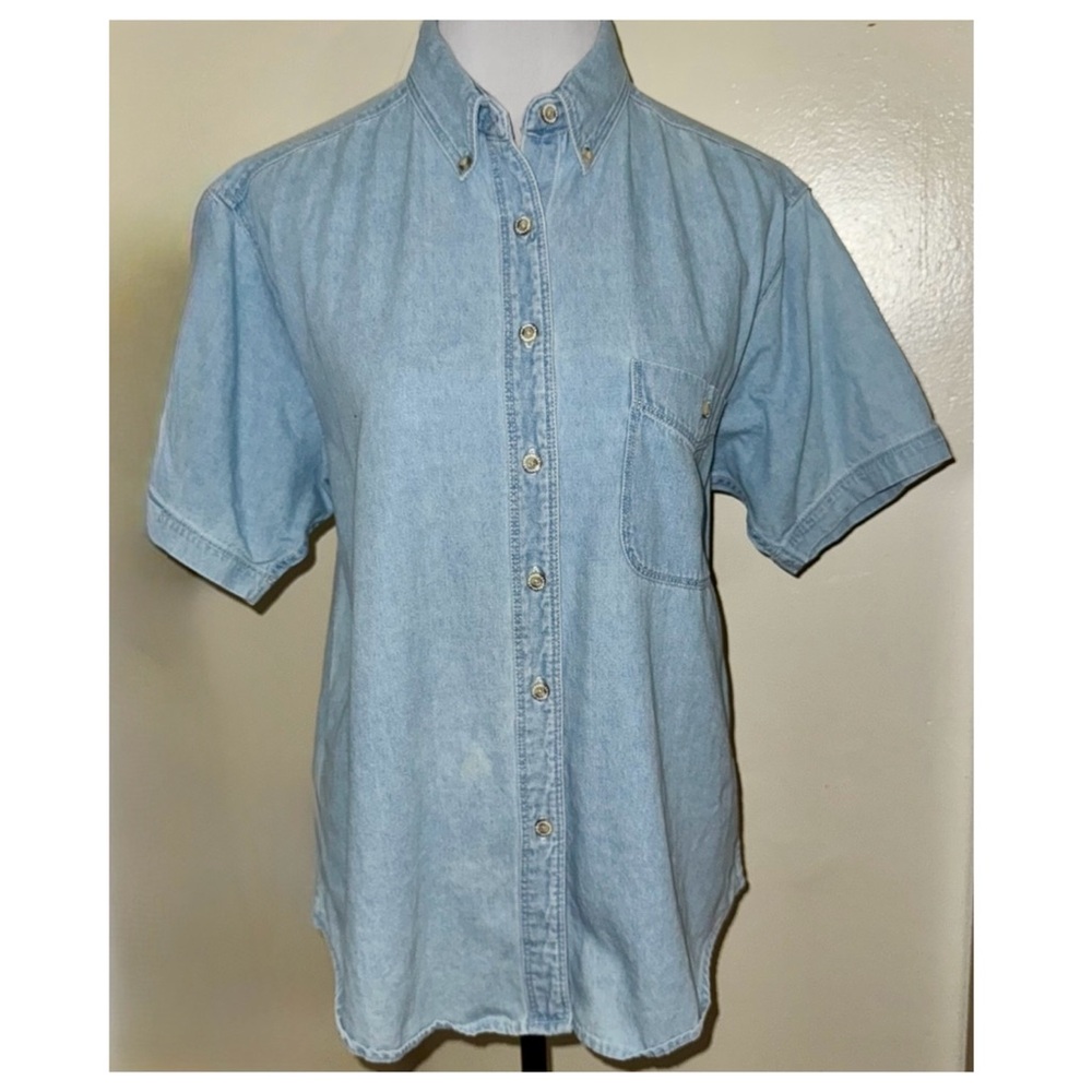 Ladies Y2K Wrangler Hero Short Sleeve Button Down Denim Shirt, Sz Lg